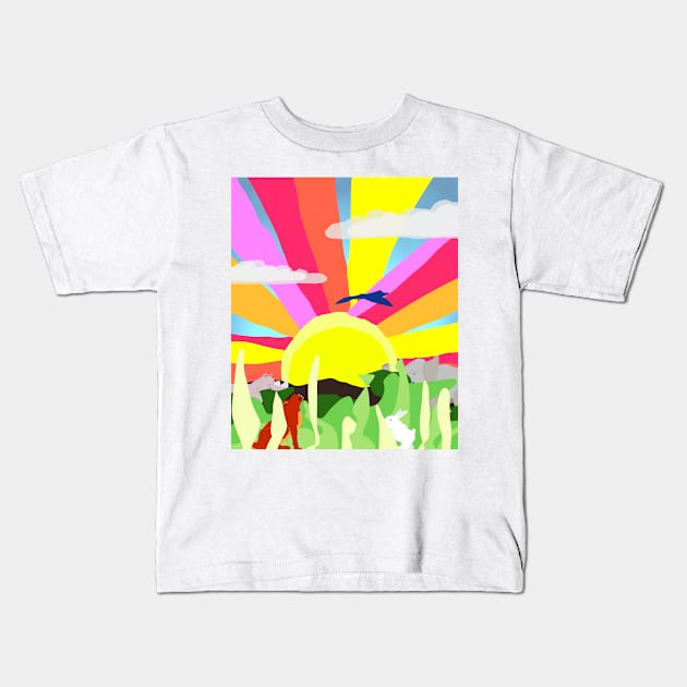 The Quiet Sunrise, with animals in a peaceful fun and colorful landscape Kids T-Shirt by davidscohen